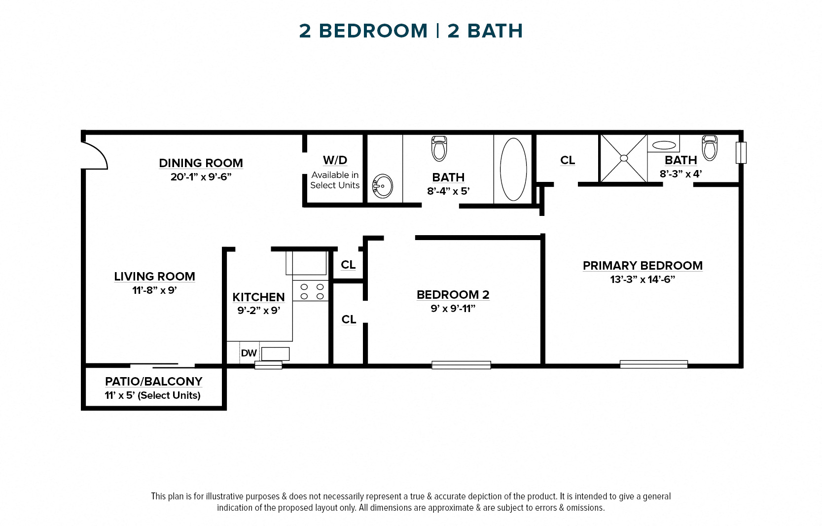 Floor plan for 2 beds, 2 baths, 950 sqft